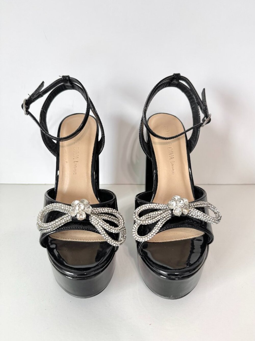 Wild Diva Black Platform Heels 5.5" Tall Rhinestone Bow & Adjustable Straps